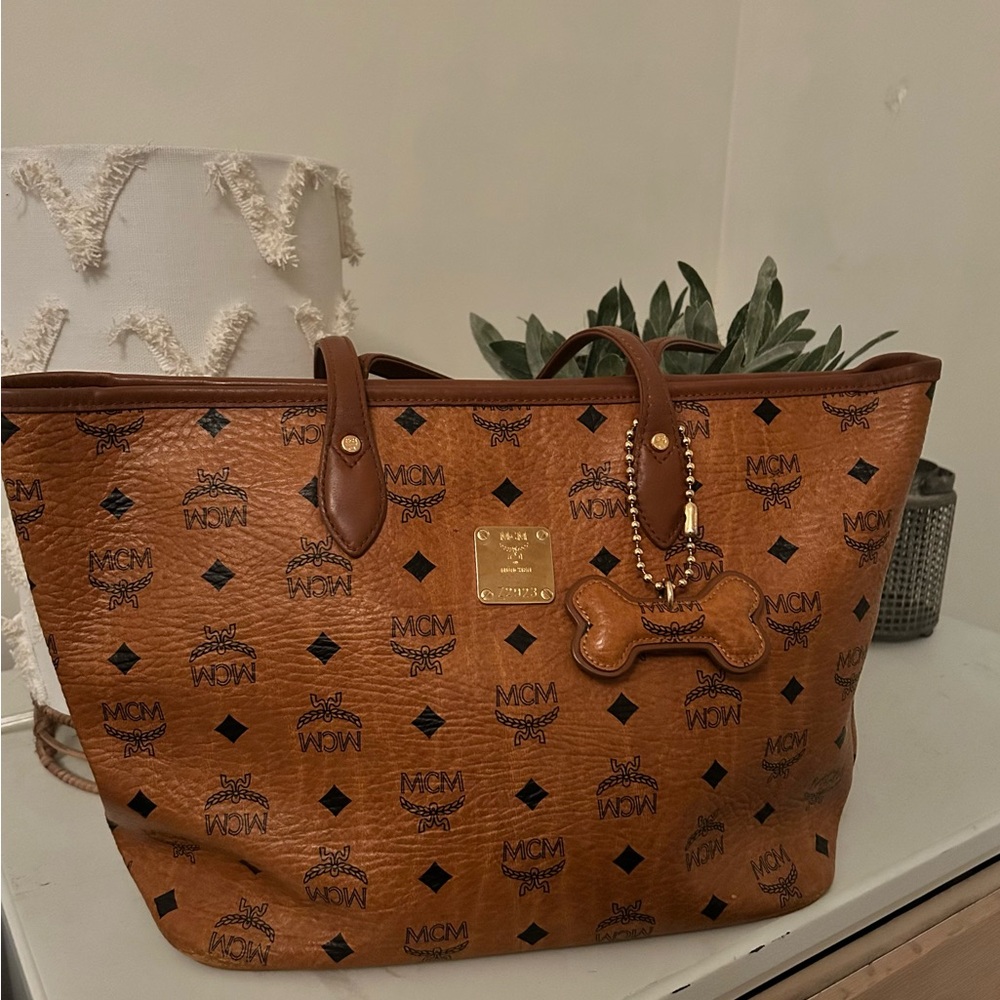 MCM Brown Logo Tote with Gold Accents